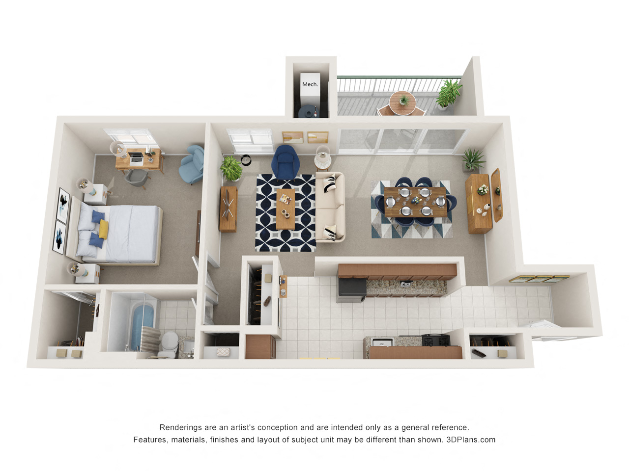 Floor plan for 1 bed, 1 bath, 809 sqft